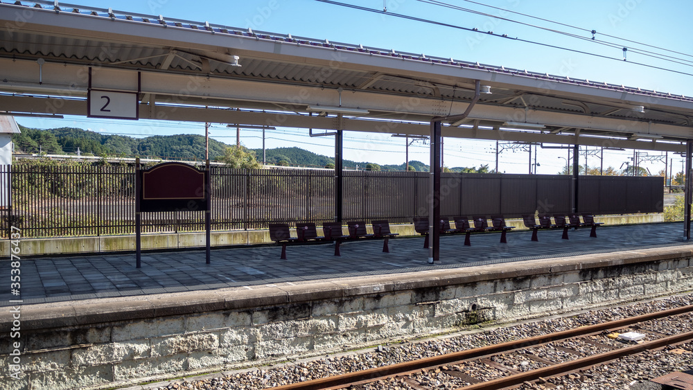Empty platform with station sign and wooden seats in train station for background with copy space Empty platform with station sign and wooden seats in train station for background with copy space
