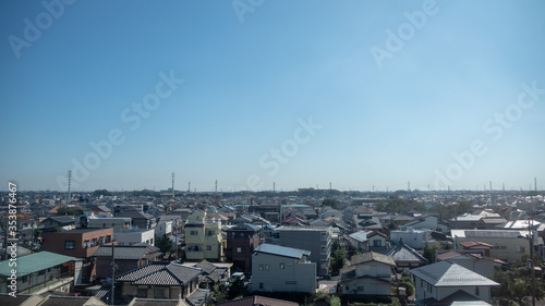 Beautiful view of japanese small city with clear blue sky background and copy space