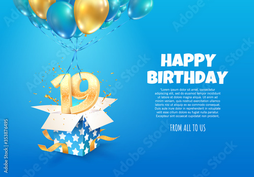 Celebrating of 19 th years birthday vector illustration. Nineteen anniversary celebration. Teenage birth day. Open gift box with numbers one and nine flying on balloons 