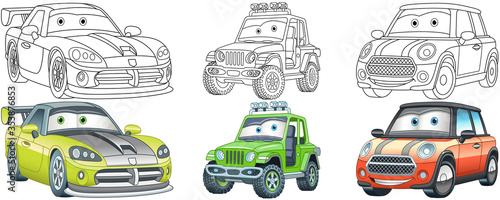 Cartoon cars. Coloring pages for kids. Colorful clipart characters. Childish designs for t shirt print, icon, logo, label, patch or sticker. Vector illustration.