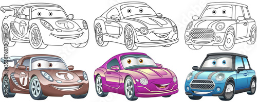 Cartoon cars. Coloring pages for kids. Colorful clipart characters. Childish designs for t shirt print, icon, logo, label, patch or sticker. Vector illustration.