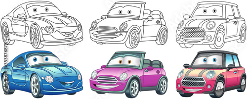 Cartoon cars. Coloring pages for kids. Colorful clipart characters. Childish designs for t shirt print, icon, logo, label, patch or sticker. Vector illustration.
