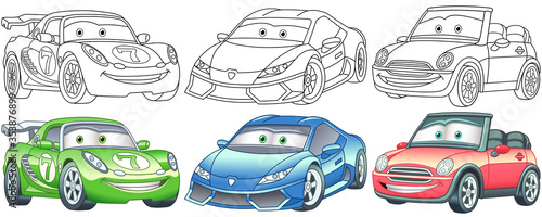 Cartoon cars. Coloring pages for kids. Colorful clipart characters. Childish designs for t shirt print, icon, logo, label, patch or sticker. Vector illustration.