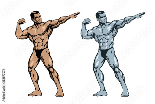 Musclar bodybuilder man posing and flexing his muscles. Vector illustration.