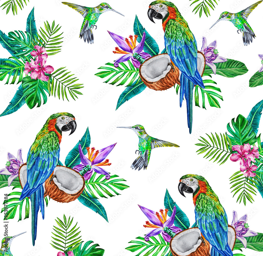 Obraz premium Bright watercolor pattern of macaw parrots, hummingbirds, tropical bouquets, flowers, leaves and coconuts on a white background. 