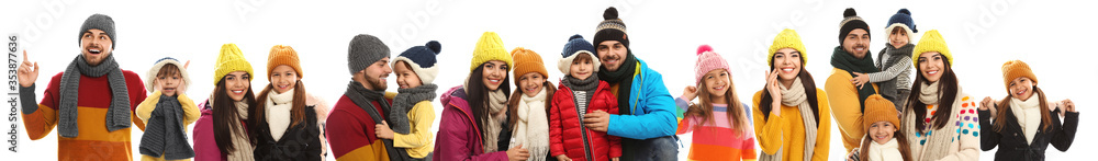 Collage with photos of people wearing warm clothes on white background, banner design. Winter vacation