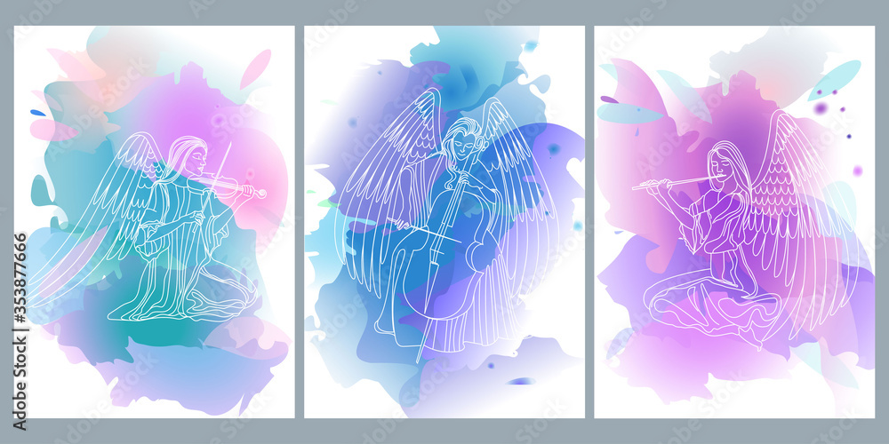 set of watercolor postcards with a linear image of angels-musicians