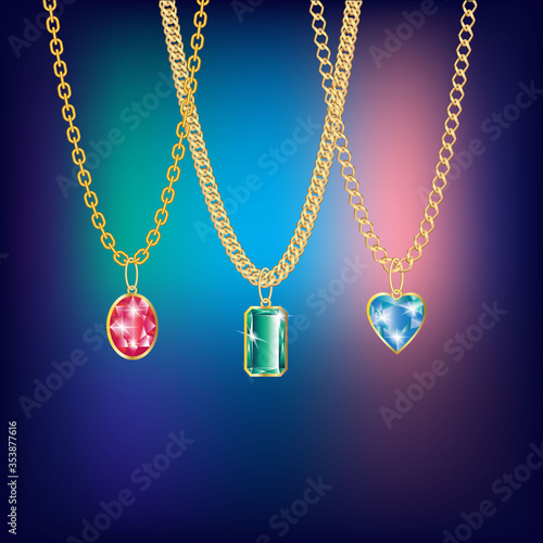 pendants with ruby, emerald and Topaz on chains. gradient background. vector illustration. EPS 10.