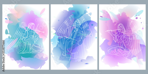 set of watercolor postcards with a linear image of angels-musicians