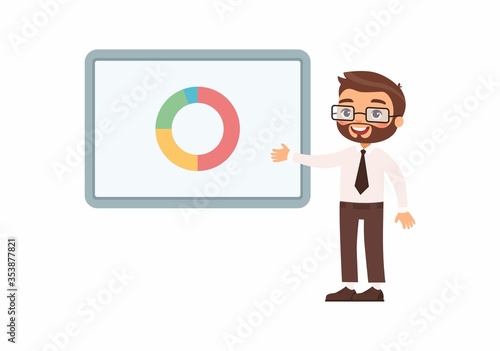 Man in an office suit shows demo board with graphs. Character with a smile on his face. Vector illustration on a white background.