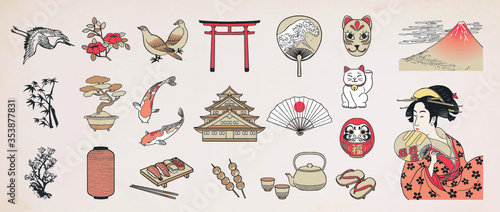 Japanese doodle set. Japanese traditional design elements. Hand drawn vactor illustration.
