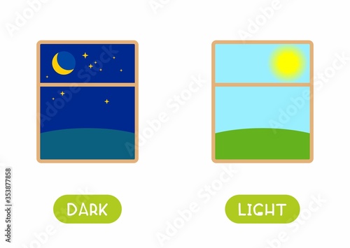 Dark and light antonyms word card flat vector template. Flashcard for english language learning. Opposites concept. Night and morning nature landscape cartoon illustration with typography