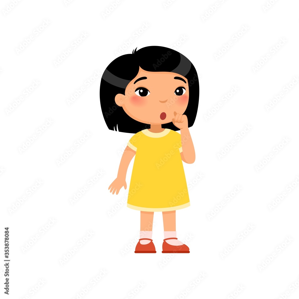 Little asian girl showing silence gesture flat vector illustration. Child  in dress standing, thinking cartoon character. Kid with confused face  expression considering. Quiet sign Stock Vector | Adobe Stock