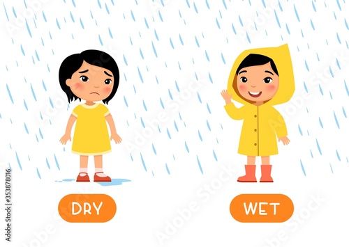 Educational word card with opposites. Antonyms concept, WET and DRY.  Little asian girl is standing with raincoat in the rain and smiling, girl without raincoat is wet and sad