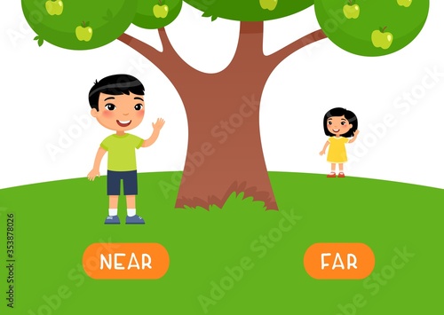 Boy stands NEAR and girl stands FAR. Antonyms word card vector template.  Opposites concept. Little asian boy and girl