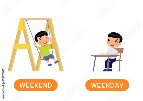 Educational word card with opposites. Antonyms concept, WEEKDAY and WEEKEND.  Flash card for English studying. Little asian boy sits at school desk, joyful boy swinging on a swing. Flat illustration 