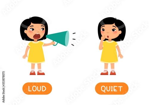 Educational word card with opposites. Antonyms concept, LOUD and QUIET.  Flash card for English studying. Little asian girl screams loudly into megaphone, the child whispers softly. 