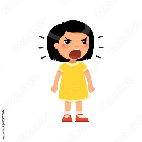 Little asian girl screams out loud, clenching her hands into fists. Angry female child standing cartoon character. Сhild shows bad behavior. Disorder of the child's psyche. Flat vector illustration