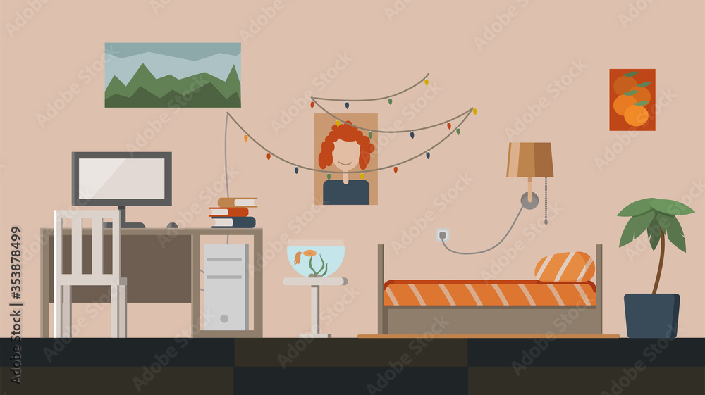 Interior design of bedroom. Computer table, bed, plant, aquarium, lamp, posters. Flat style vector illustration.