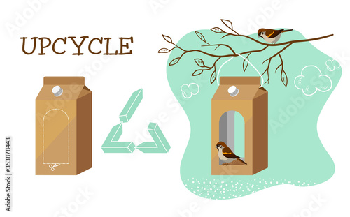 The concept of updates.Secondary use of a milk box as a bird feeder. Vector isolated on a white background.