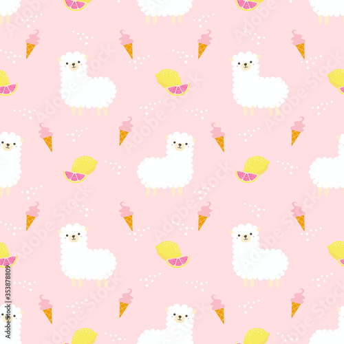 Cute alpaca and summer elements seamless pattern