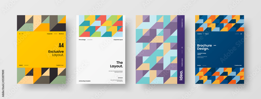 Company identity brochure template collection. Business presentation vector A4 vertical orientation front page mock up set. Corporate report cover abstract geometric illustration design layout bundle. Company identity brochure template collection. Business presentation vector A4 vertical orientation front page mock up set. Corporate report cover abstract geometric illustration design layout bundle.