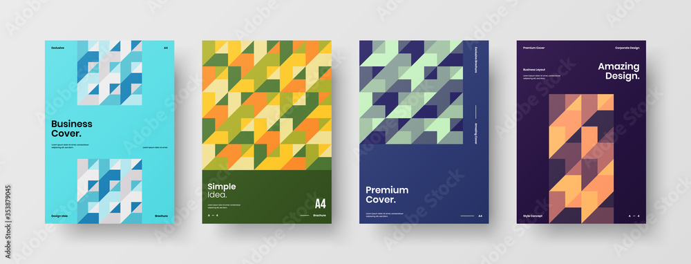 Naklejka premium Company identity brochure template collection. Business presentation vector A4 vertical orientation front page mock up set. Corporate report cover abstract geometric illustration design layout bundle.