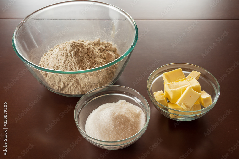 baking ingredients flour, sugar, butter. dough preparation baking ingredients flour, sugar, butter. dough preparation