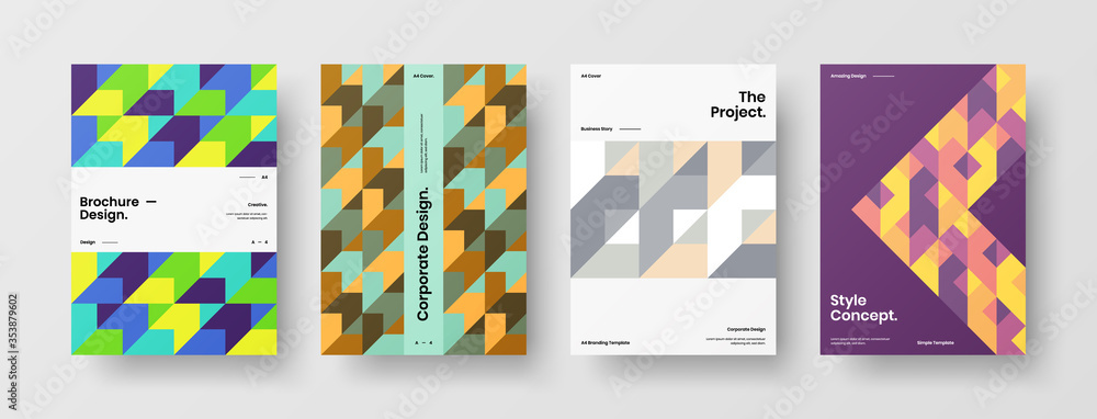 Obraz premium Company identity brochure template collection. Business presentation vector A4 vertical orientation front page mock up set. Corporate report cover abstract geometric illustration design layout bundle.