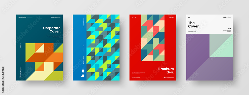 Fototapeta premium Company identity brochure template collection. Business presentation vector A4 vertical orientation front page mock up set. Corporate report cover abstract geometric illustration design layout bundle.
