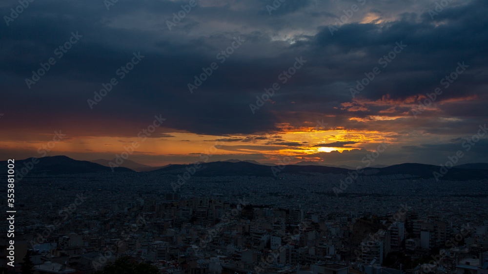 Sunset in Athens city from Galatsi. Aerial view Sunset in Athens city from Galatsi. Aerial view