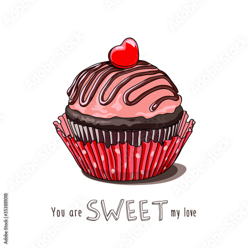 Card of a Valentine s Day. Cupcake with a sweet heart. Vector illustration.