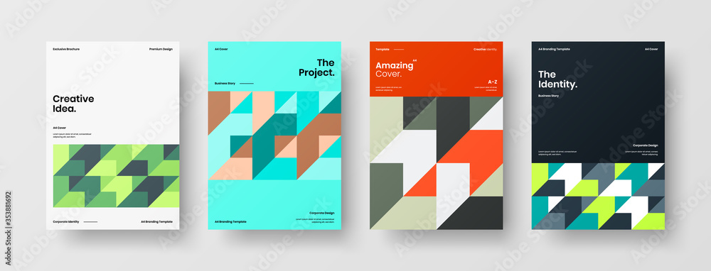 Naklejka premium Company identity brochure template collection. Business presentation vector A4 vertical orientation front page mock up set. Corporate report cover abstract geometric illustration design layout bundle.