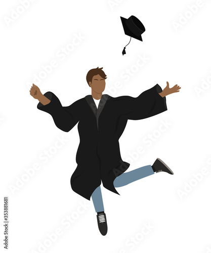 Young graduate student in graduation gown jumping and throwing the mortarboard high into the air. Flat vector illustration