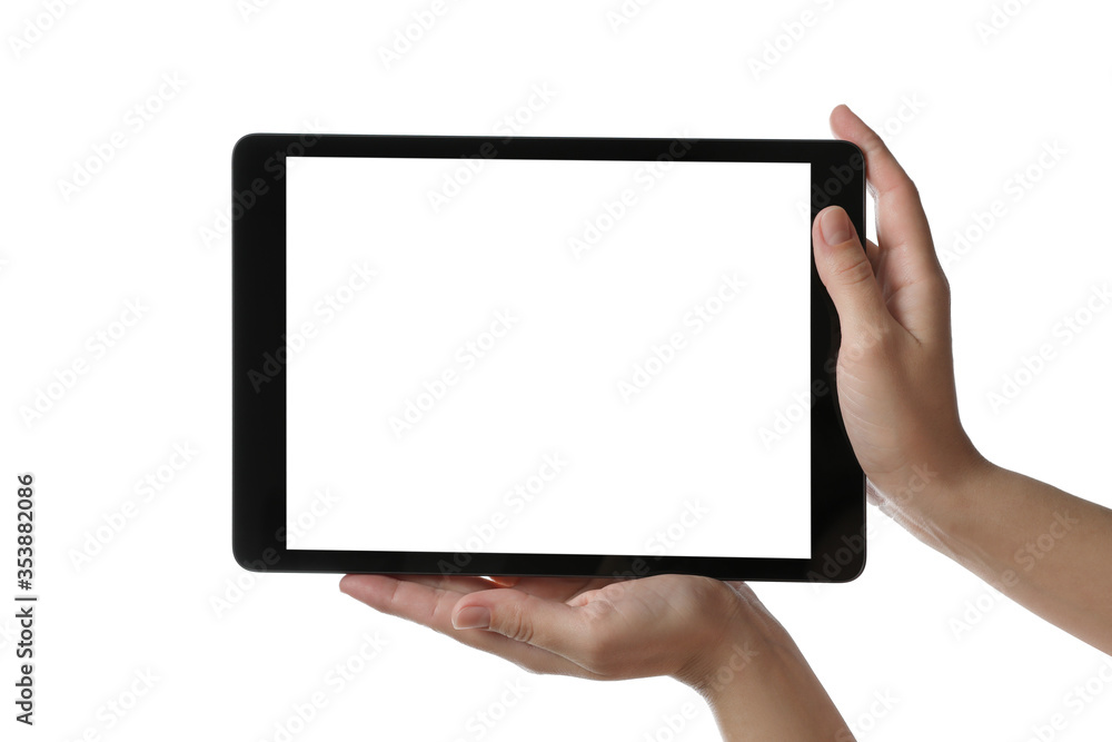 Woman holding tablet computer with blank screen on white background, closeup. Modern gadget Woman holding tablet computer with blank screen on white background, closeup. Modern gadget
