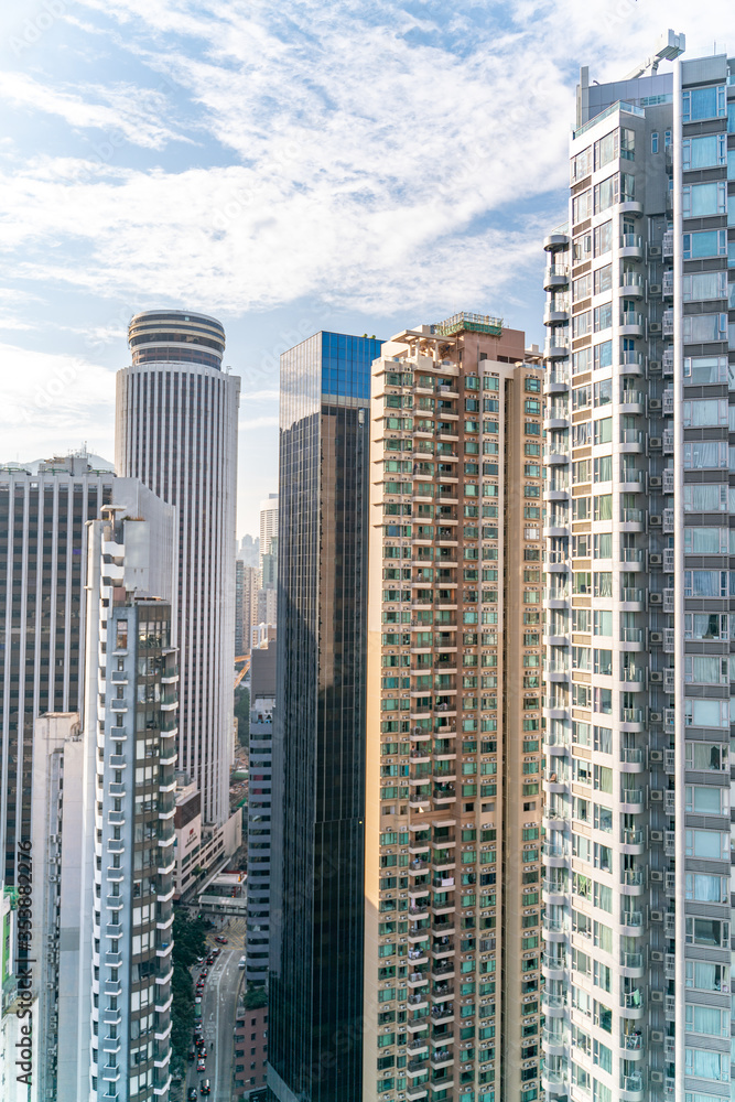 The amazing view of Hong-Kong cityscape full of skyscrapers from the rooftop.