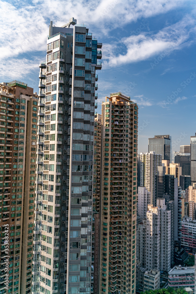 The amazing view of Hong-Kong cityscape full of skyscrapers from the rooftop.