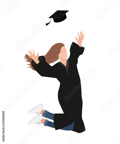 Young graduate student girl in graduation gown jumping and throwing the mortarboard high into the air. Flat vector illustration