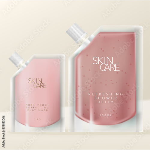 Vector Clear or Transparent Sachet Bag, Pouch or Packet with Ribbed Screw Cap for Healthcare, Beauty, Skincare Product or Energy Beverage. Opaque Clay Mask or Clear Shower Jelly Formulation.