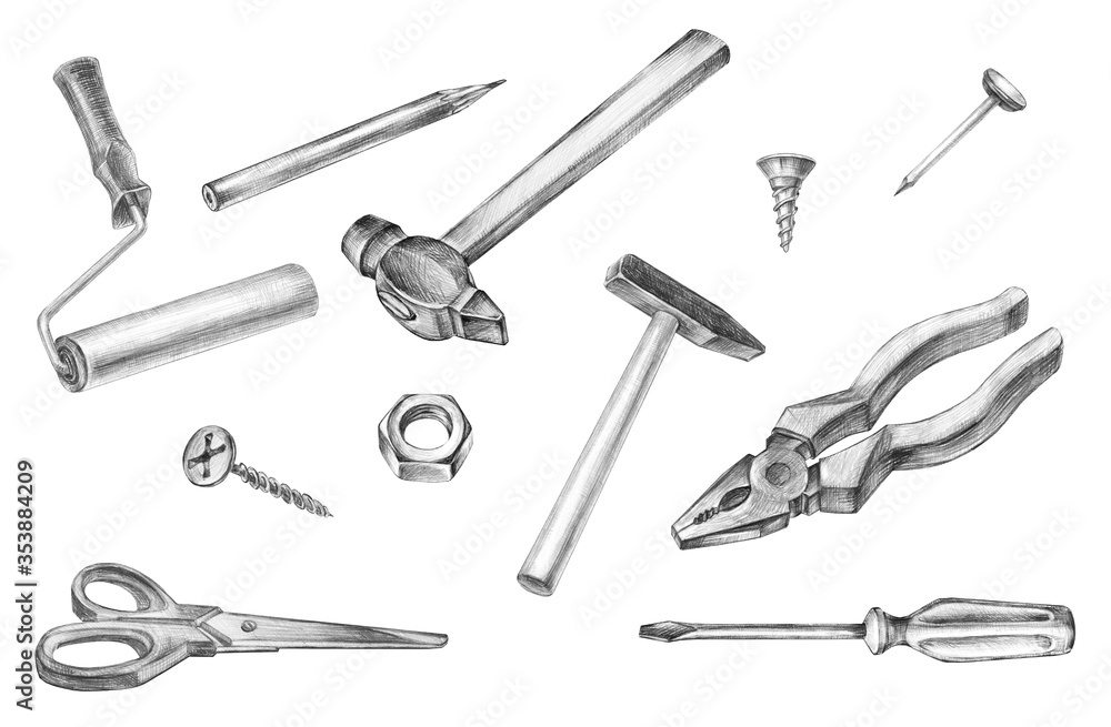 Naklejka premium Big set pencil illustration construction tools