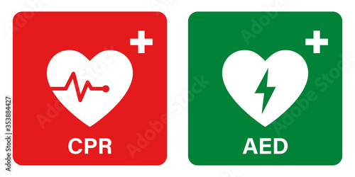 AED vector icon. Emergency defibrillator sign or icon. AED AID CPR. Vector green red isolated icon CPR. photo