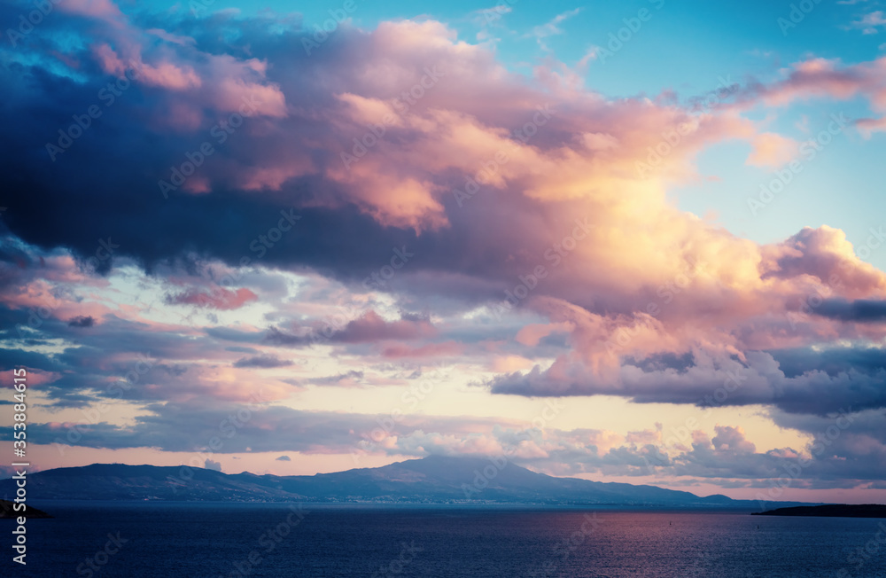 Sunset with blue sky over sea - retro vintage filter effect