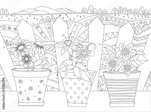 cute flowers in flowerpots against rural landscape with fence. g