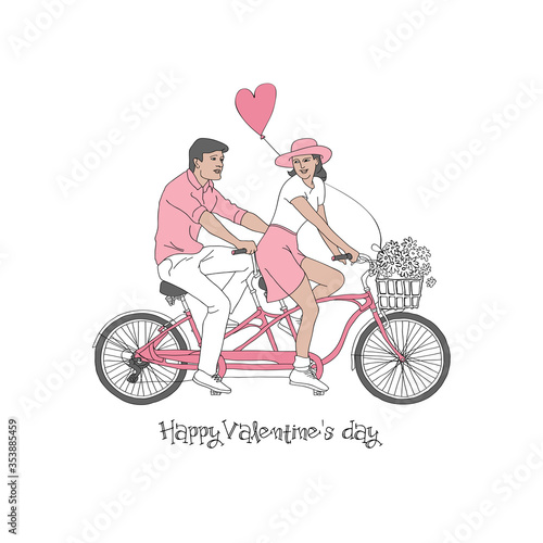 Card Valentine's day. Loving couple on a tandem bike with a balloon on a white background. Vector illustration.