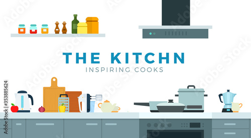 Kitchen modern interior vector illustration in flat style.