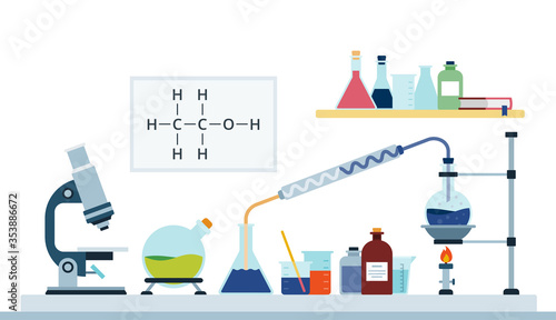 Laboratory chemical or biology research flat design vector illustration.