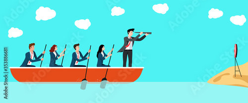 Business leadership character illustration. Leader sailing boat with a telescope helps the team reach a goal.