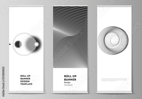 Vector illustration layout of roll up banner stands, vertical flyers, flags design business templates. Geometric abstract background, futuristic science and technology concept for minimalistic design.