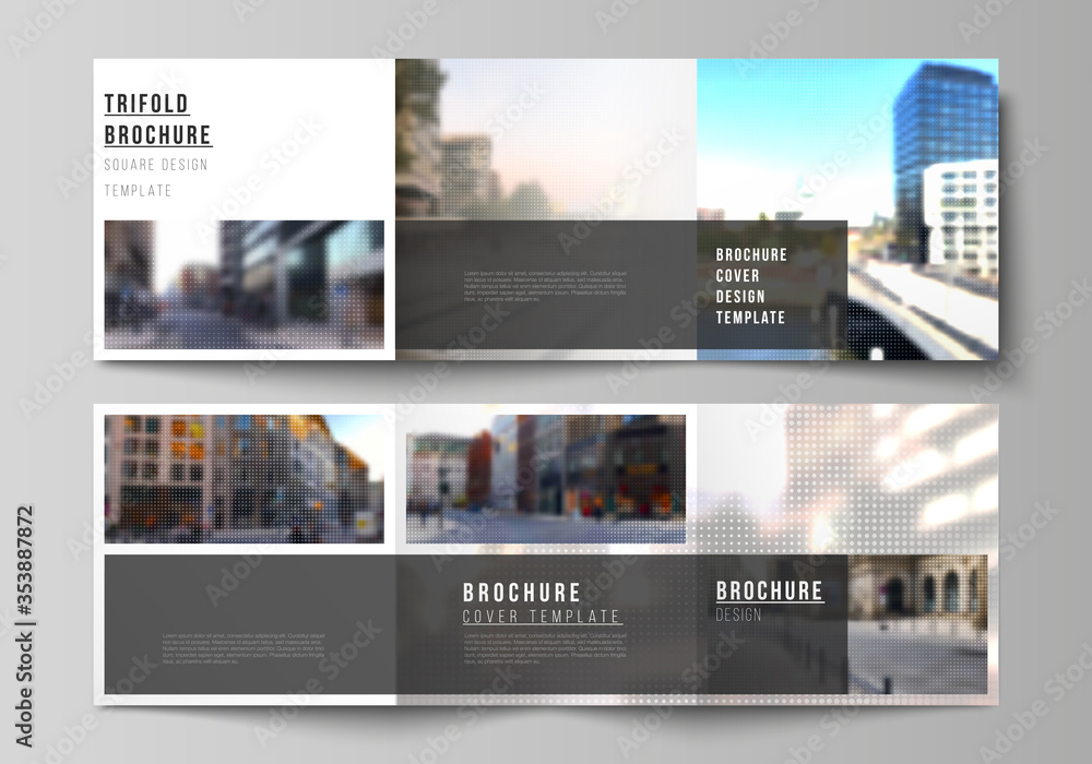 Vector layout of square cover design template for trifold brochure, flyer, magazine, cover design, book design, brochure cover. Abstract halftone effect decoration with dots. Dotted pattern decoration Vector layout of square cover design template for trifold brochure, flyer, magazine, cover design, book design, brochure cover. Abstract halftone effect decoration with dots. Dotted pattern decoration