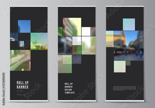 Vector layout of roll up mockup design templates for vertical flyers, flags design templates, banner stands, advertising design mockups. Abstract project with clipping mask green squares for your